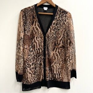Chico's leopard animal print sheer mesh layering cardigan brown black large